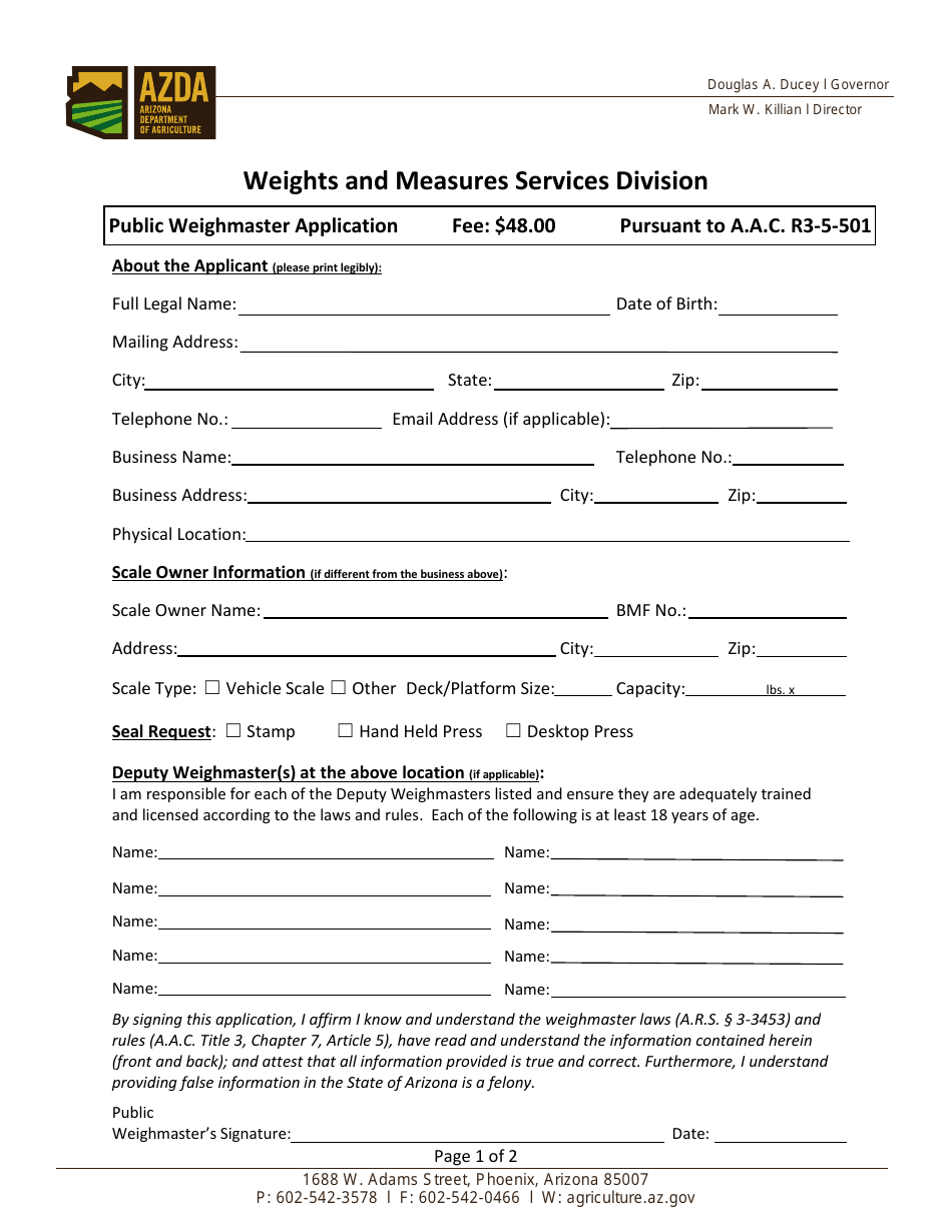 Public Weighmaster Application Form - Arizona, Page 1