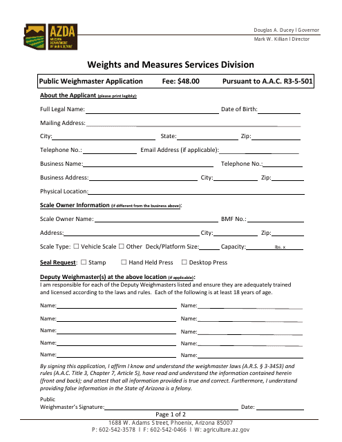 Public Weighmaster Application Form - Arizona Download Pdf