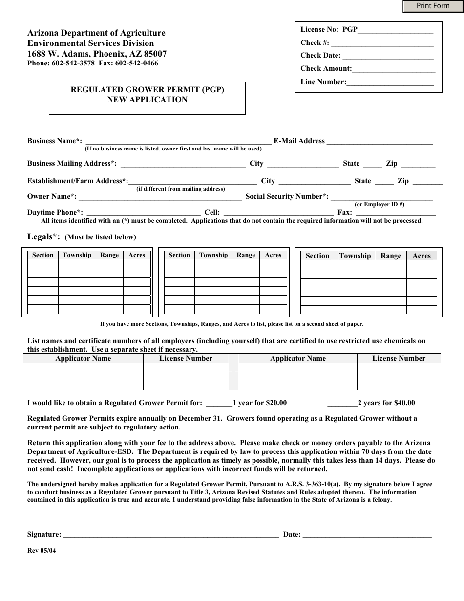 Regulated Grower Permit (Pgp) New Application Form - Arizona, Page 1