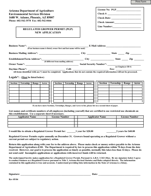 Regulated Grower Permit (Pgp) New Application Form - Arizona