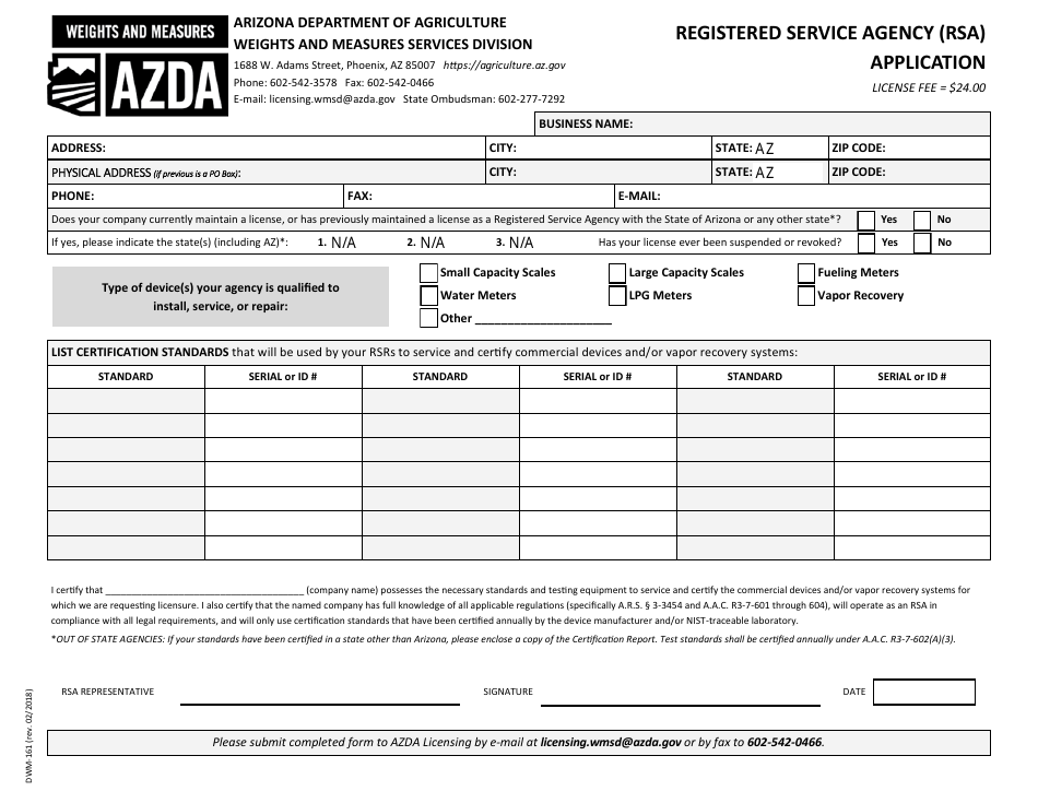 Form DWM-161 Registered Service Agency (Rsa) Application - Arizona, Page 1