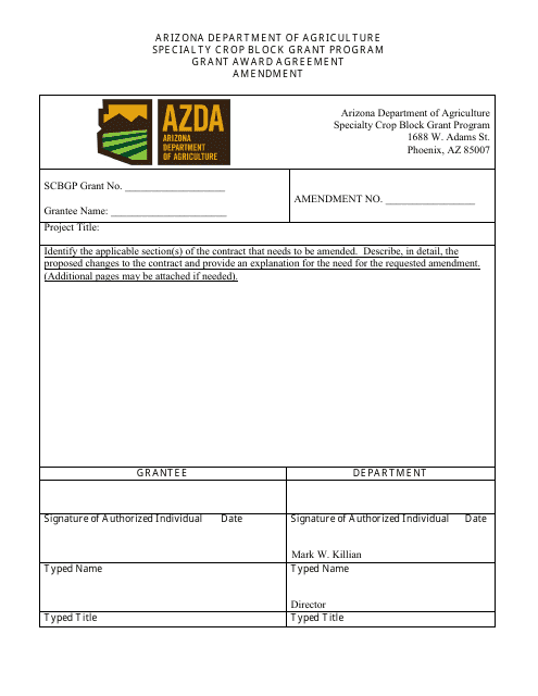 Grant Award Agreement Amendment Form (Non-university) - Specialty Crop Block Grant Program - Arizona Download Pdf