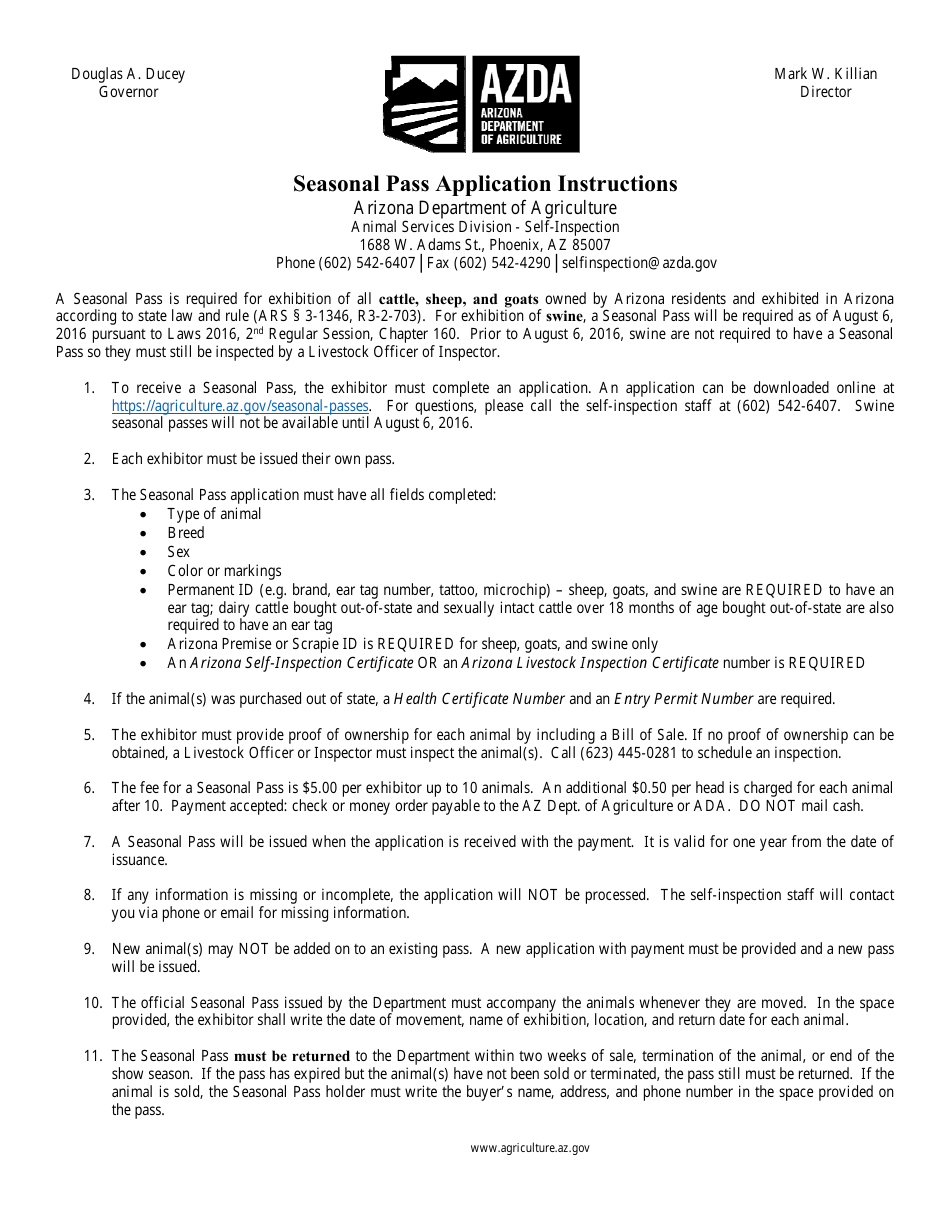 Instructions for Seasonal Pass Application - Arizona, Page 1