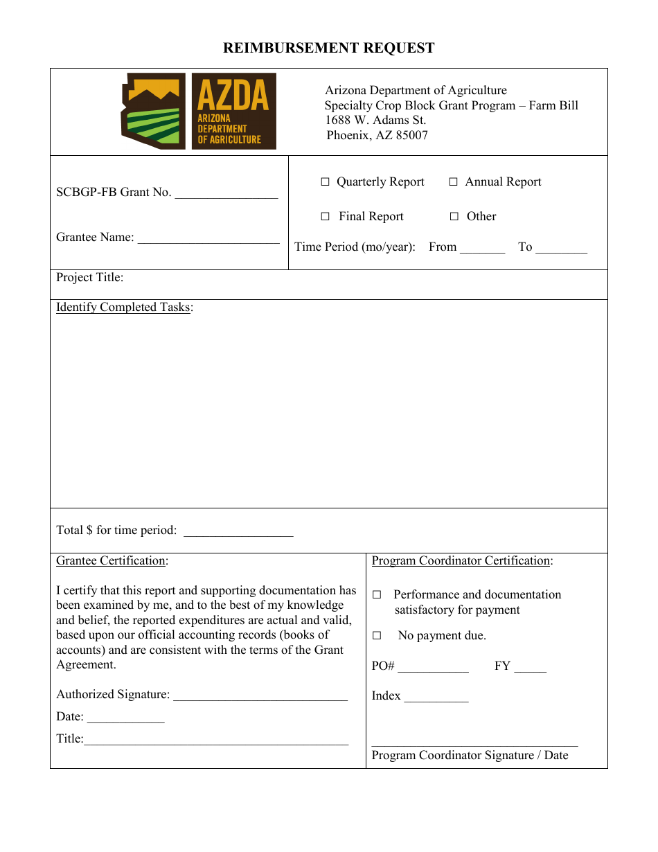 Reimbursement Request Form - Arizona, Page 1