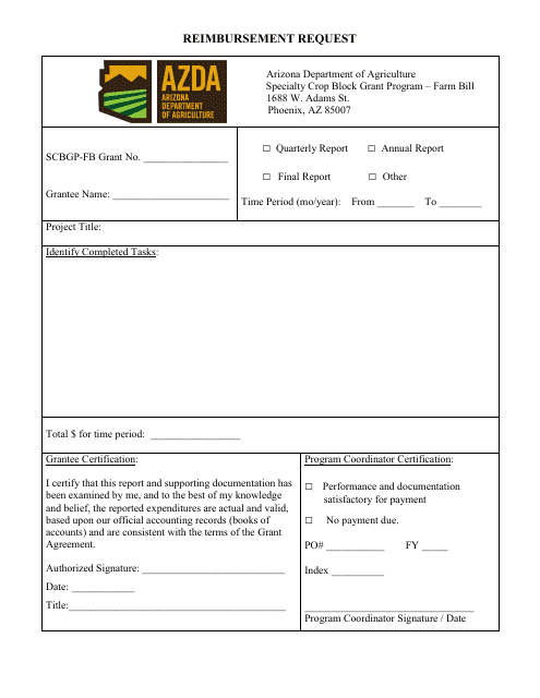 Reimbursement Request Form - Arizona Download Pdf