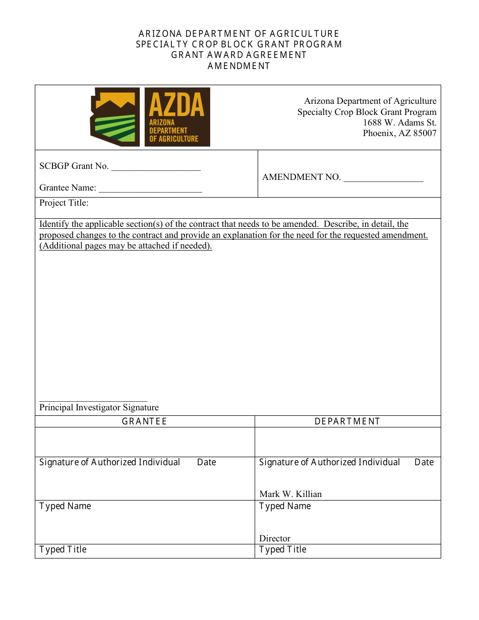 Grant Award Agreement Amendment Form (University) - Specialty Crop Block Grant Program - Arizona, Page 1