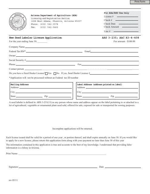 New Seed Labeler License Application Form - Arizona Download Pdf