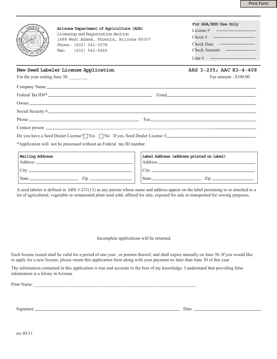 Arizona New Seed Labeler License Application Form Fill Out, Sign