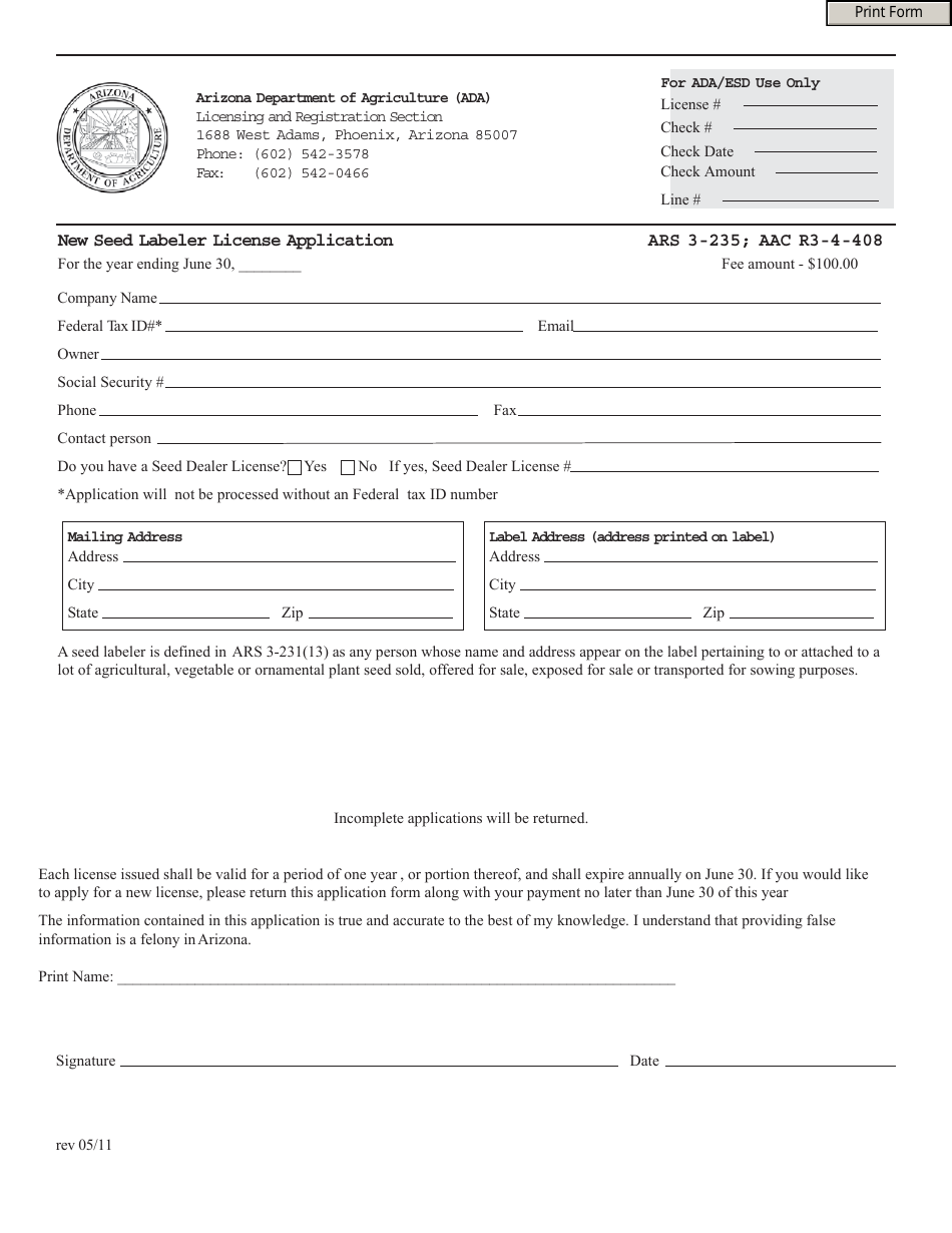New Seed Labeler License Application Form - Arizona, Page 1