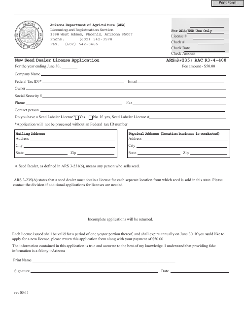 New Seed Dealer License Application Form - Arizona