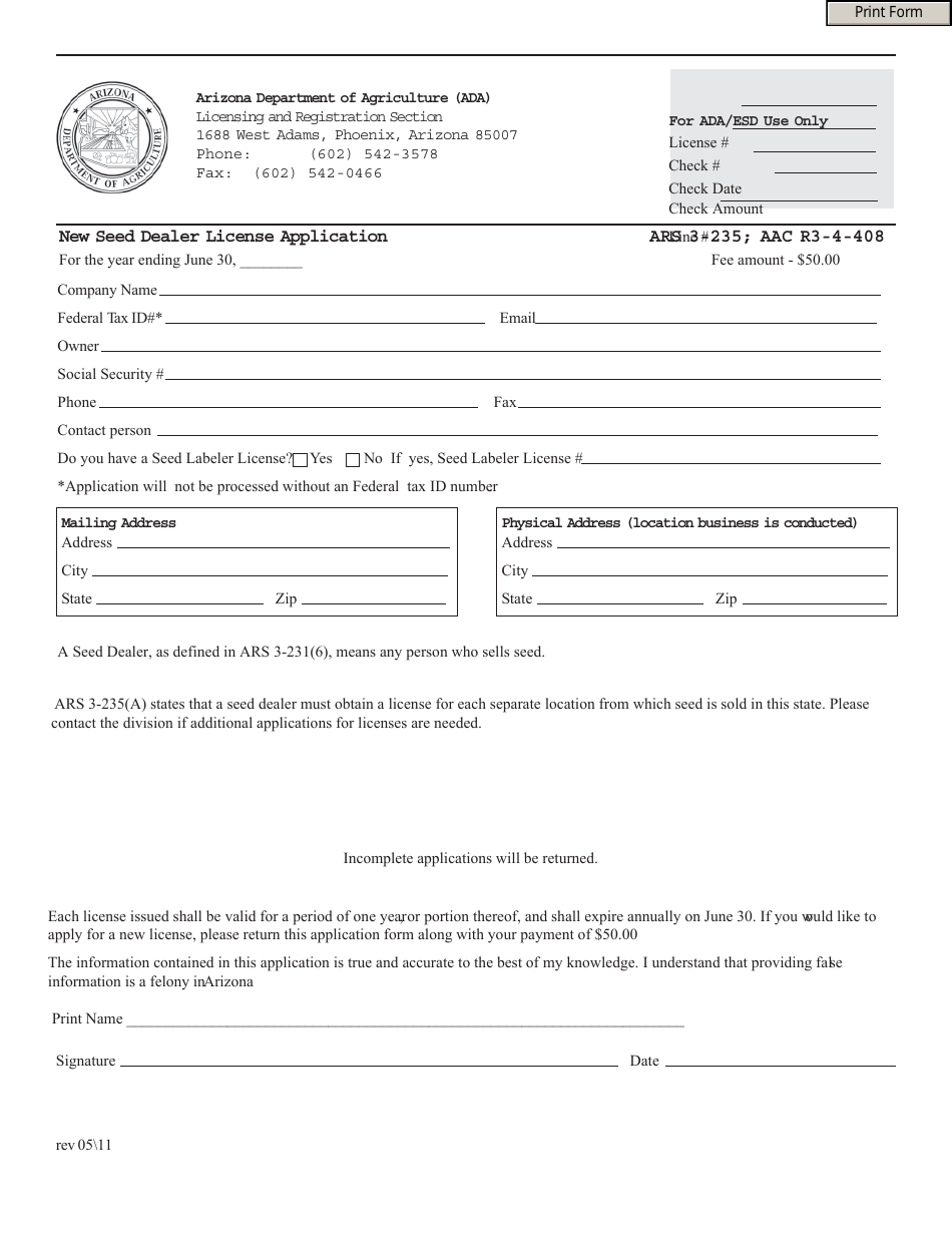 Arizona new seed dealer license application form fill out sign 