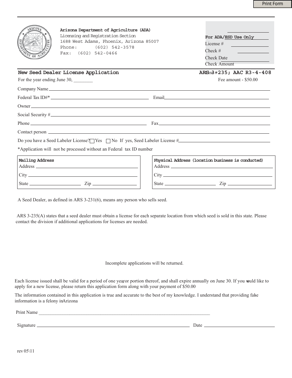 New Seed Dealer License Application Form - Arizona, Page 1
