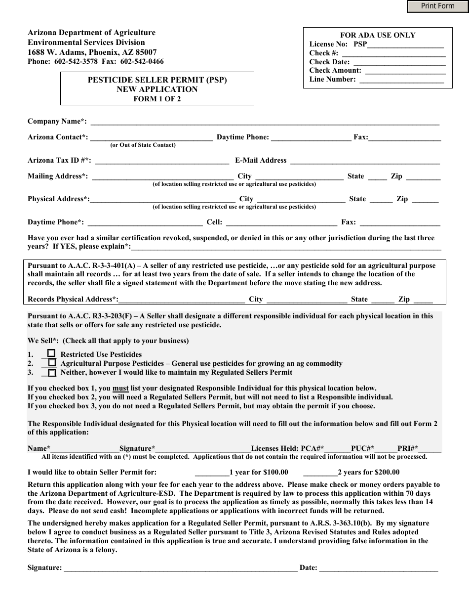 Pesticide Seller Permit (Psp) New Application Form - Arizona, Page 1