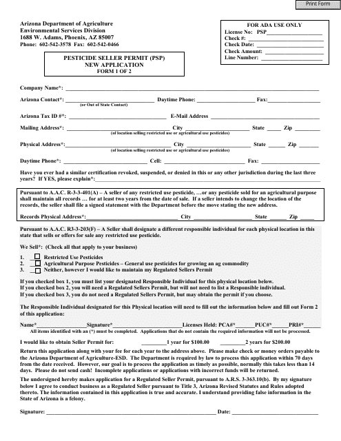 Pesticide Seller Permit (Psp) New Application Form - Arizona Download Pdf