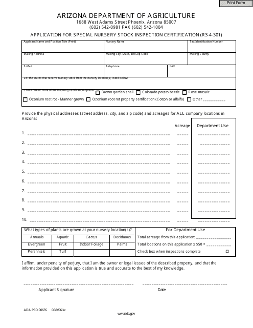 Form ADA PSD0063S Application for Special Nursery Stock Inspection Certification (R3-4-301) - Arizona
