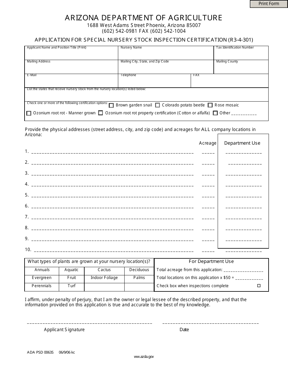 Form ADA PSD0063S Application for Special Nursery Stock Inspection Certification (R3-4-301) - Arizona, Page 1