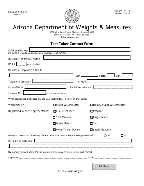 Test Taker Contact Form - Arizona Download Pdf