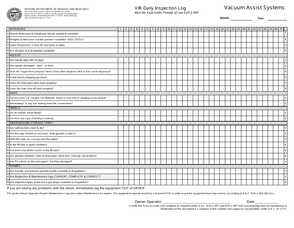V / R Daily Inspection Log - Vacuum Assist Systems - Arizona, Page 1