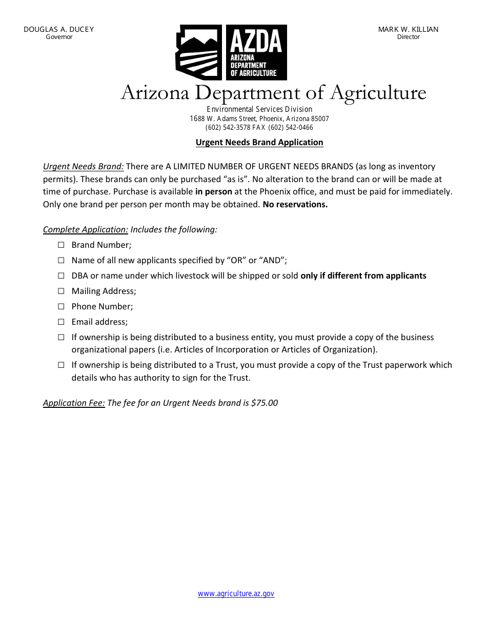 Urgent Needs Brand Application Form - Arizona, Page 1