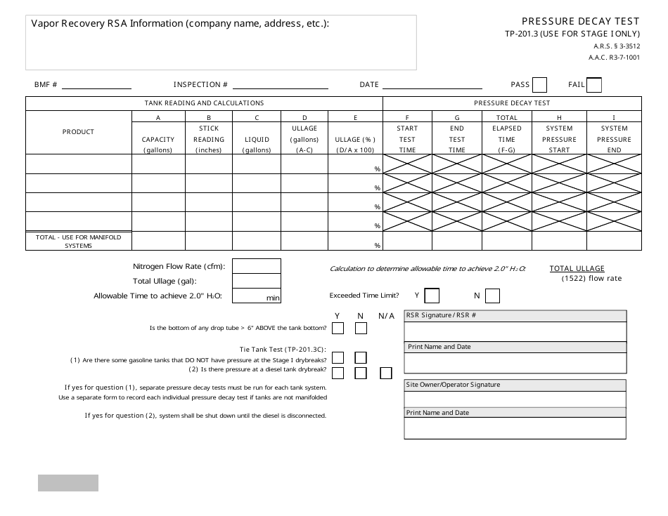 Vapor Recovery Rsa Pressure Decay Test Form - Arizona, Page 1