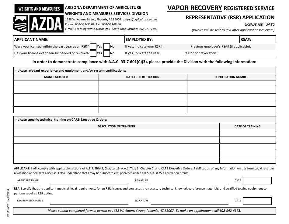 Form DWM-162VR Vapor Recovery Registered Service Representative (Rsr) Application - Arizona, Page 1