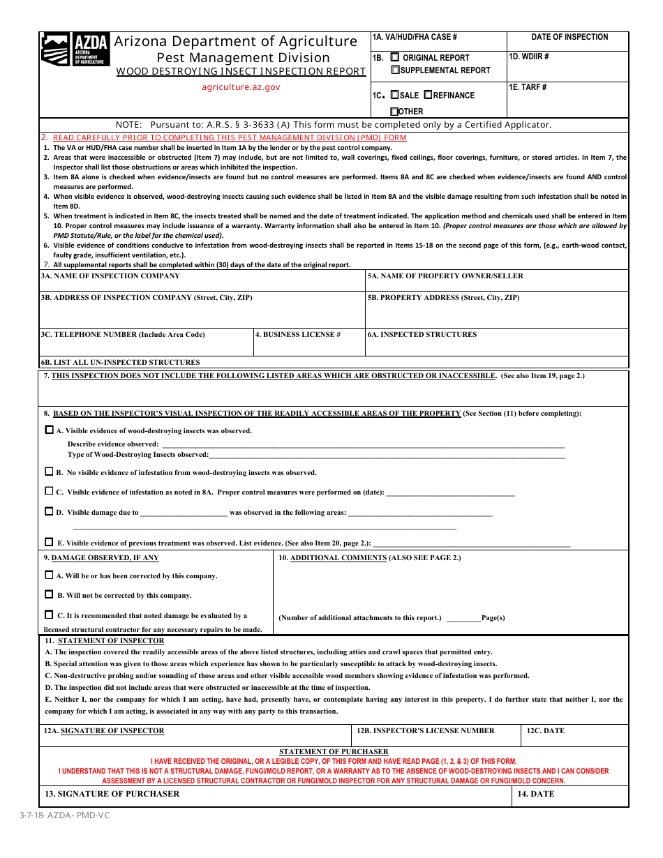 Form AZDA-PMD-VC Wood Destroying Insect Inspection Report - Arizona, Page 1