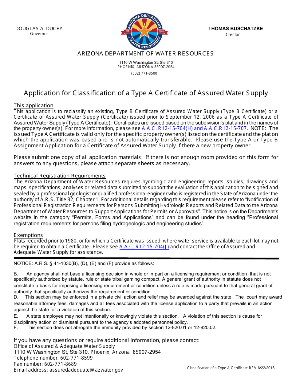 Application for Classification of a Type a Certificate of Assured Water Supply - Arizona, Page 1