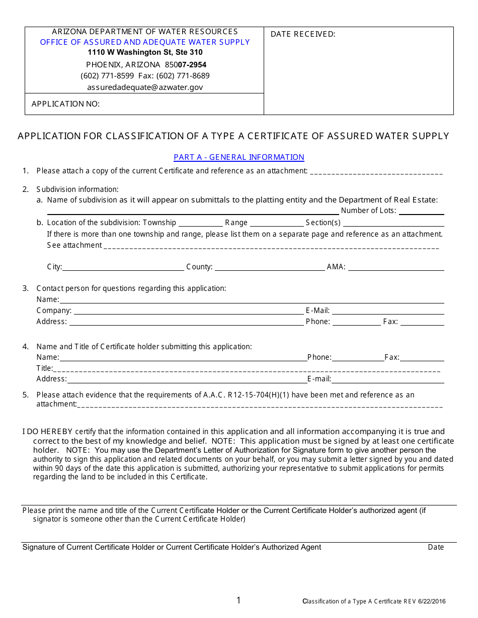 Application for Classification of a Type a Certificate of Assured Water Supply - Arizona, Page 2
