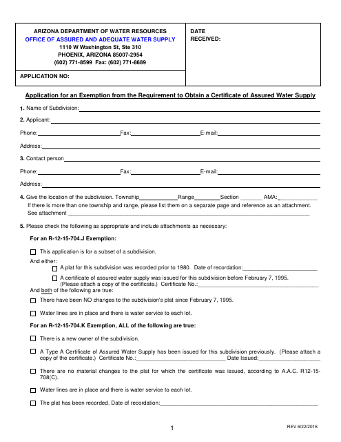 Application for an Exemption From the Requirement to Obtain a Certificate of Assured Water Supply - Arizona Download Pdf