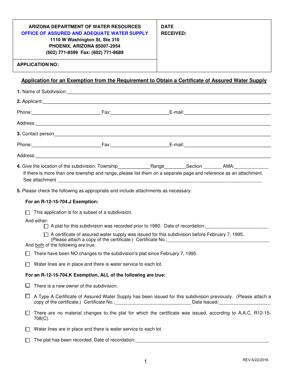 Application for an Exemption From the Requirement to Obtain a Certificate of Assured Water Supply - Arizona, Page 1