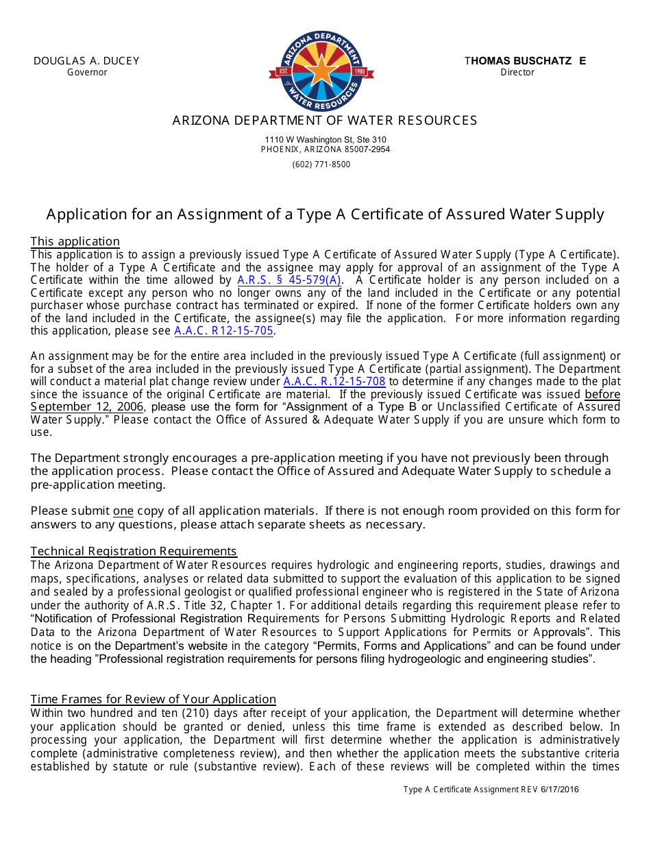 Application for an Assignment of a Type a Certificate of Assured Water Supply - Arizona, Page 1
