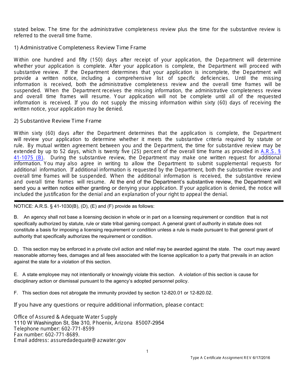 Application for an Assignment of a Type a Certificate of Assured Water Supply - Arizona, Page 2