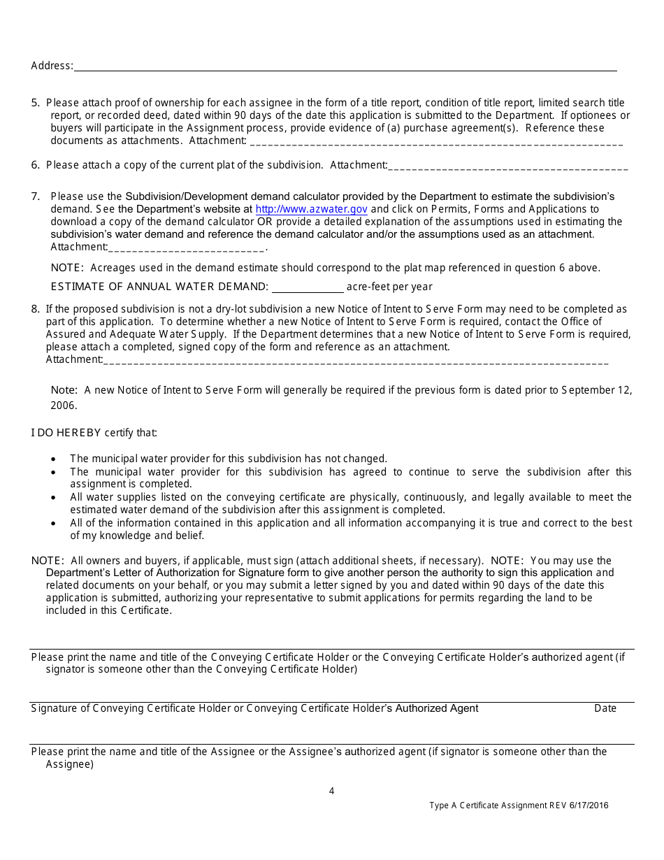 Application for an Assignment of a Type a Certificate of Assured Water Supply - Arizona, Page 5