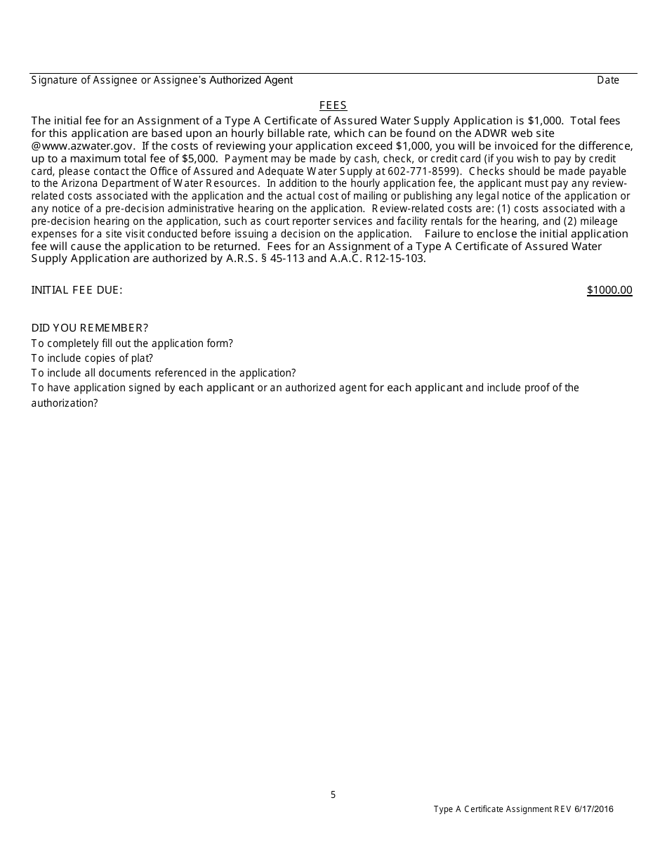 Application for an Assignment of a Type a Certificate of Assured Water Supply - Arizona, Page 6