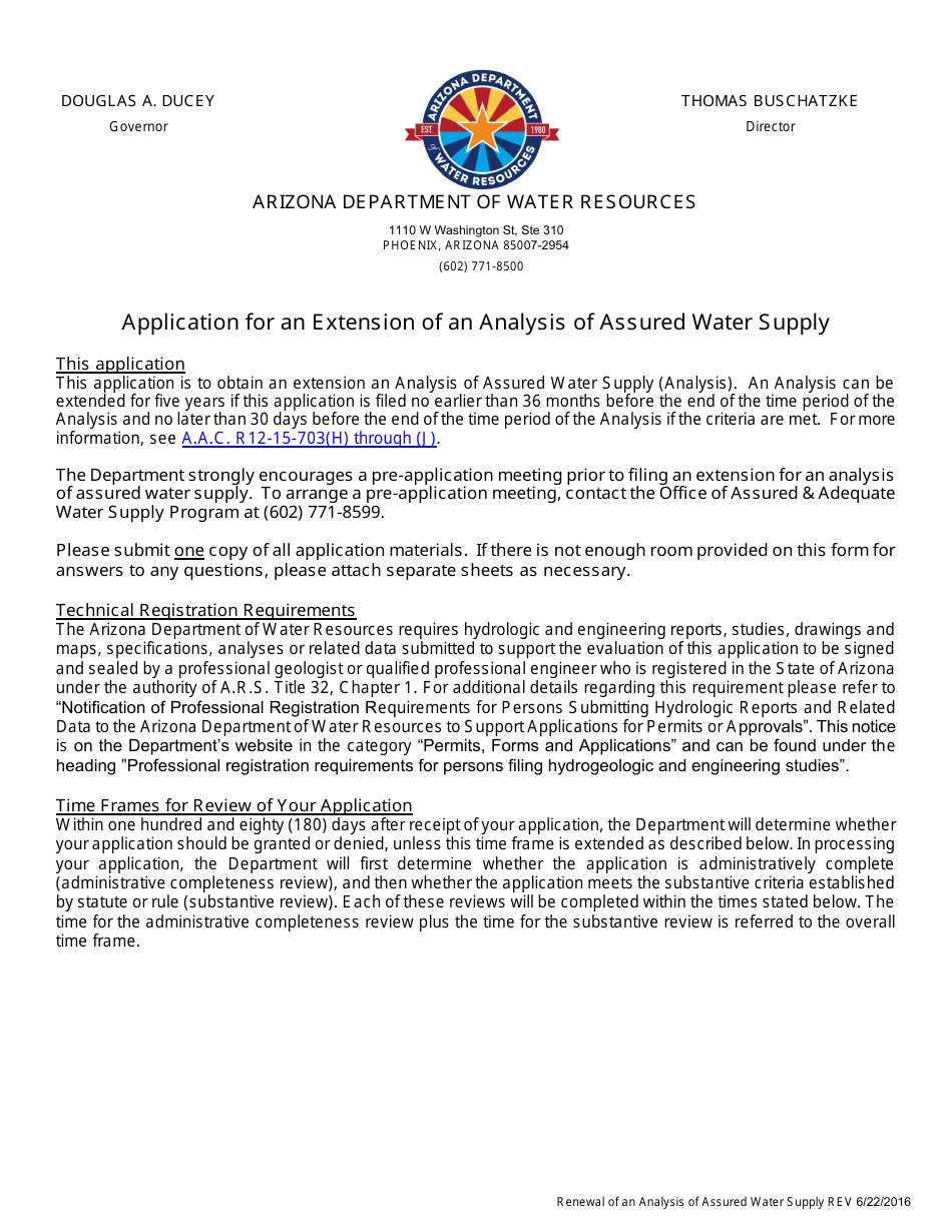 Application for an Extension of an Analysis of Assured Water Supply - Arizona, Page 1