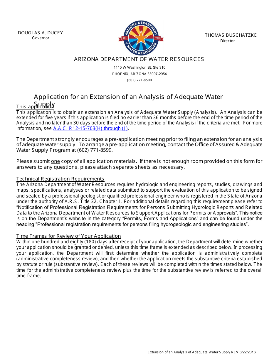 Application for an Extension of an Analysis of Adequate Water Supply - Arizona, Page 1
