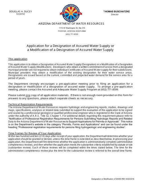 Designation or Modification of Designation of Assured Water Supply Application - Arizona