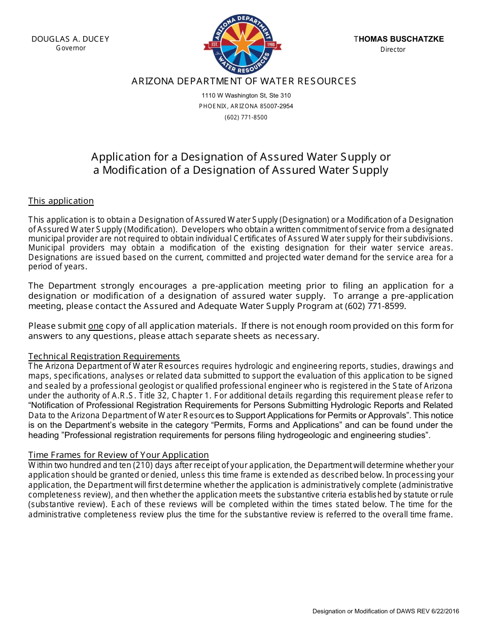 Designation or Modification of Designation of Assured Water Supply Application - Arizona, Page 1