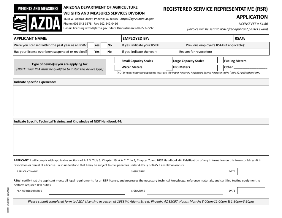 Form DWM-162 Registered Service Representative (Rsr) Application - Arizona, Page 1