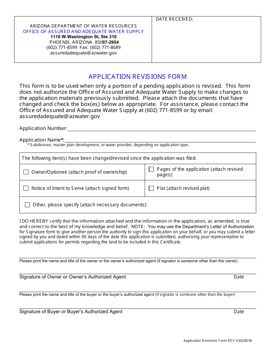 Application Revisions Form - Arizona, Page 1