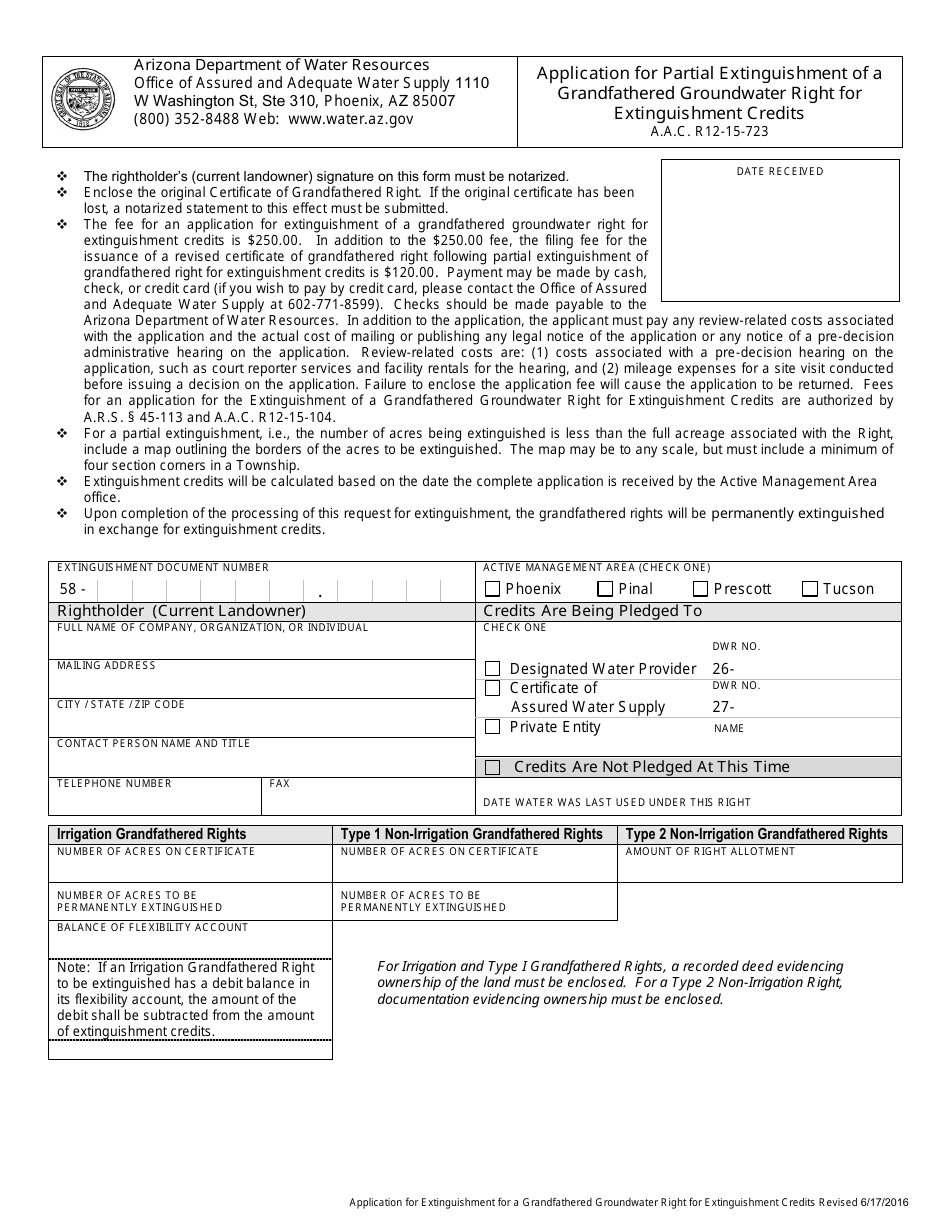 Application for Partial Extinguishment of a Grandfathered Groundwater Right for Extinguishment Credits - Arizona, Page 1