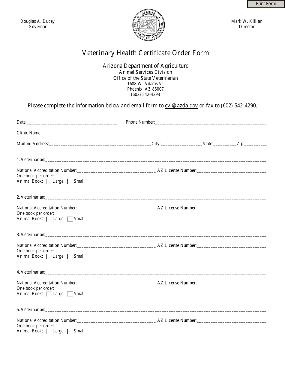 Veterinary Health Certificate Order Form - Arizona, Page 1