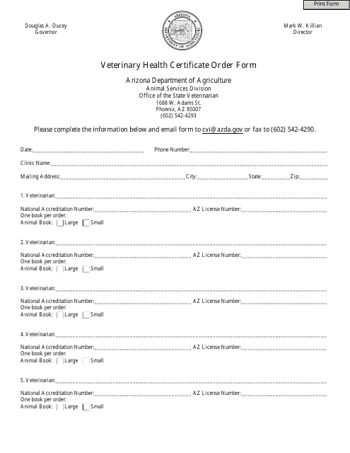 Veterinary Health Certificate Order Form - Arizona
