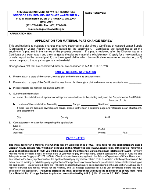 Application for Material Plat Change Review - Arizona Download Pdf
