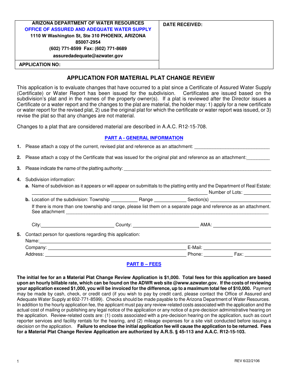 Application for Material Plat Change Review - Arizona, Page 1
