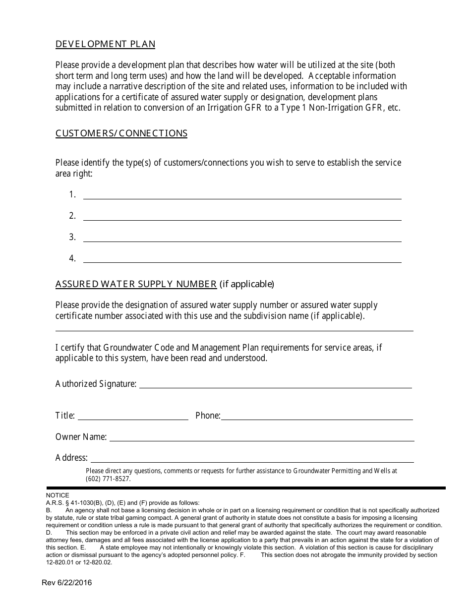 Initial Notice of Intent to Establish a New Service Area Right - Arizona, Page 3