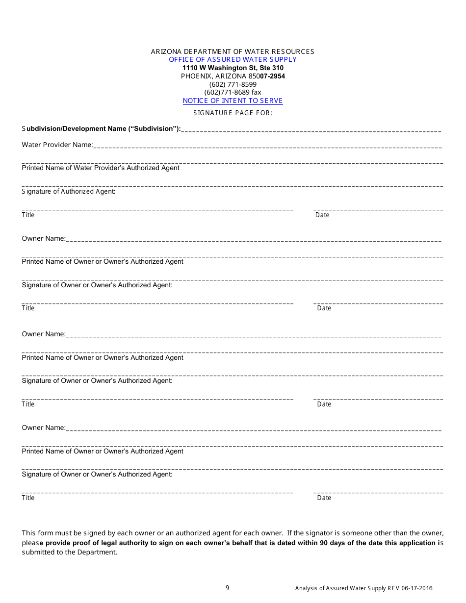 Arizona Application for an Analysis of Assured Water Supply - Fill Out ...