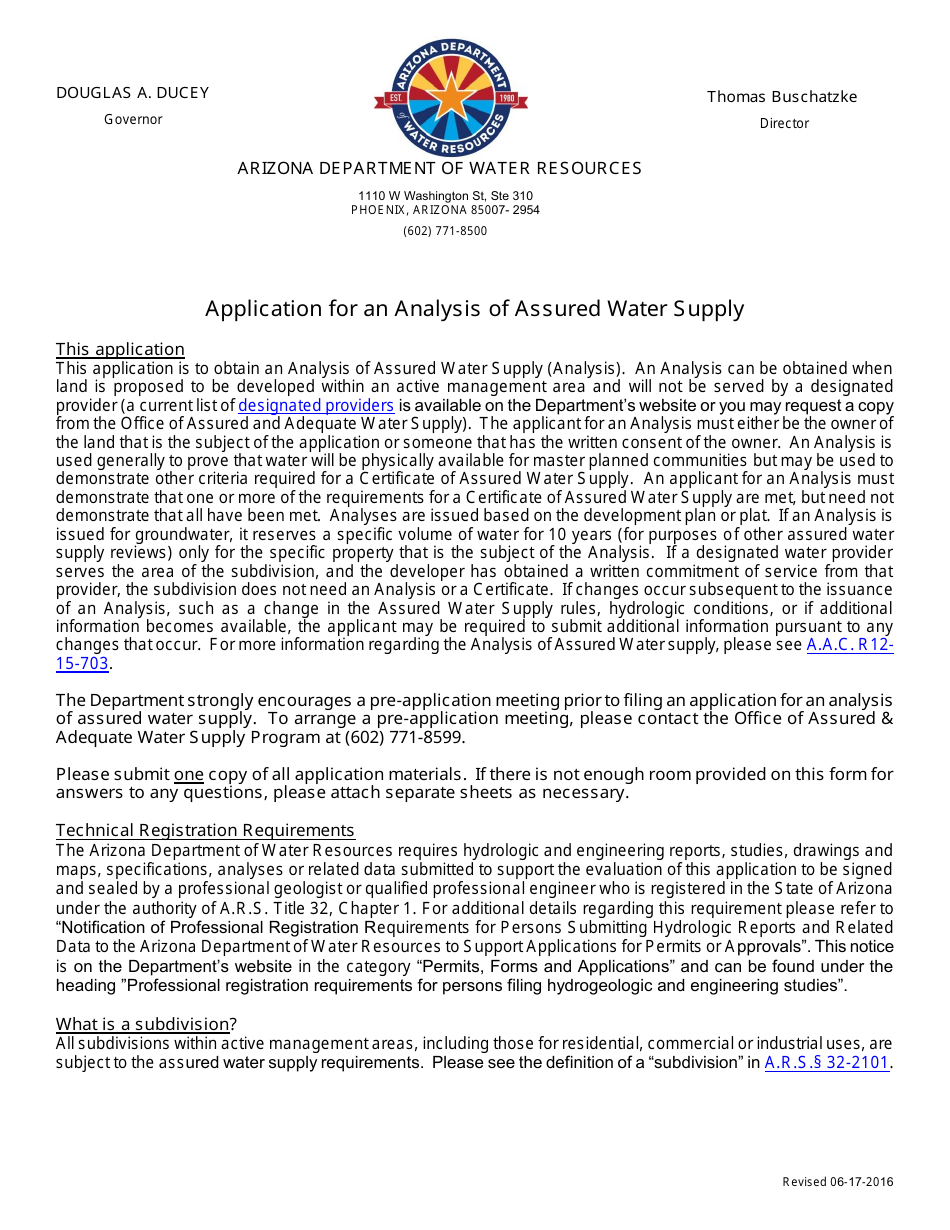 Application for an Analysis of Assured Water Supply - Arizona, Page 1