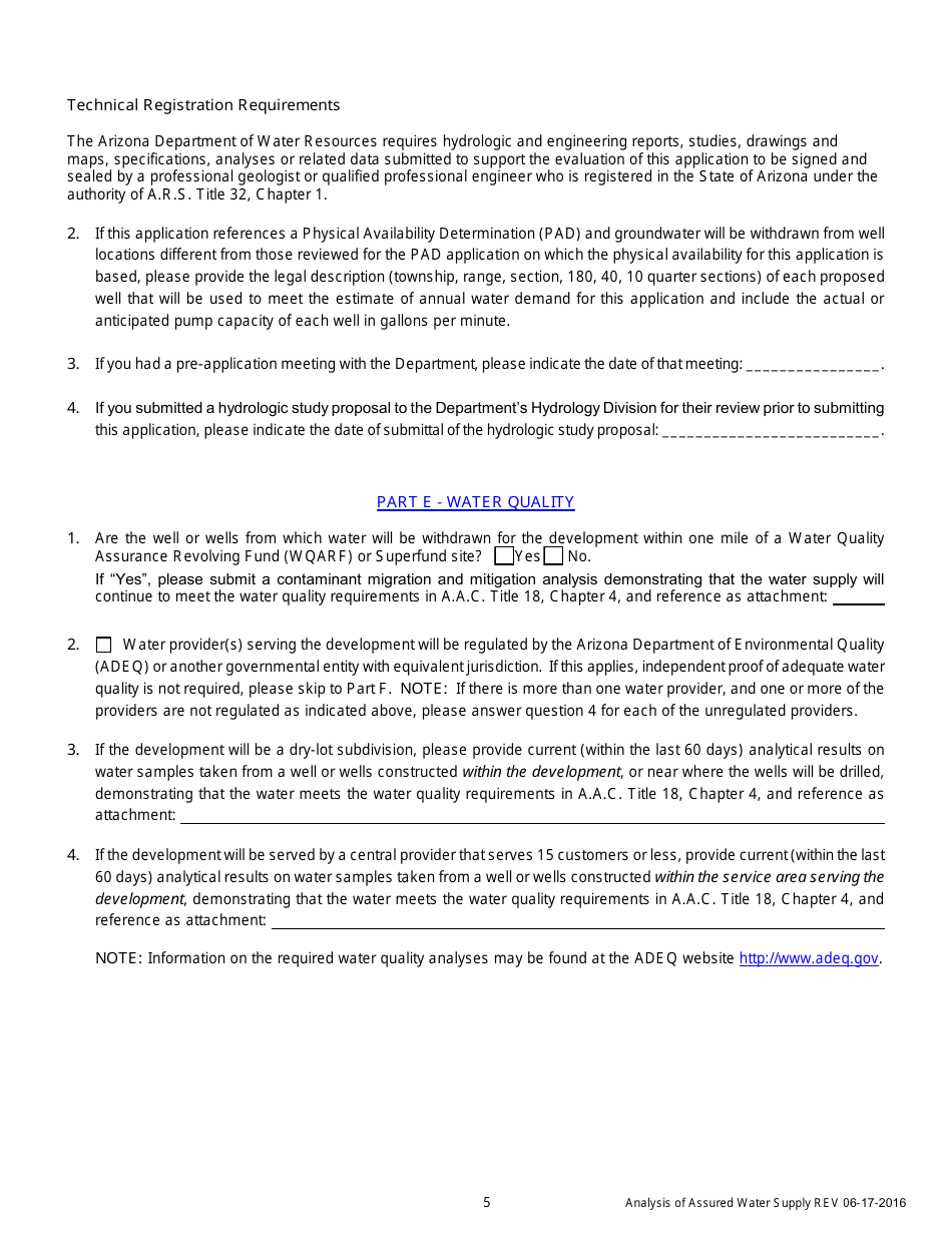 Arizona Application for an Analysis of Assured Water Supply - Fill Out ...