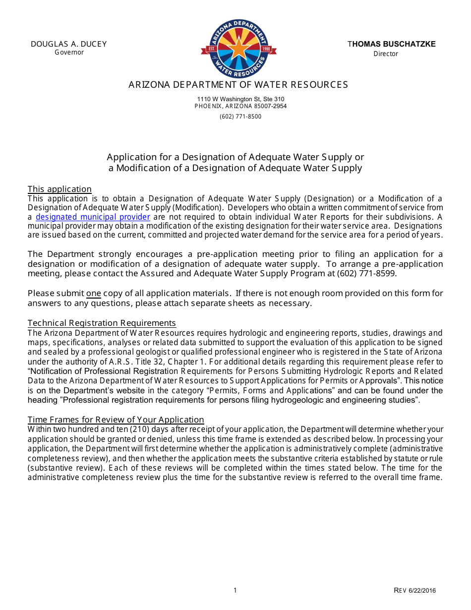 Application for a Designation of Adequate Water Supply or a Modification of a Designation of Adequate Water Supply - Arizona, Page 1